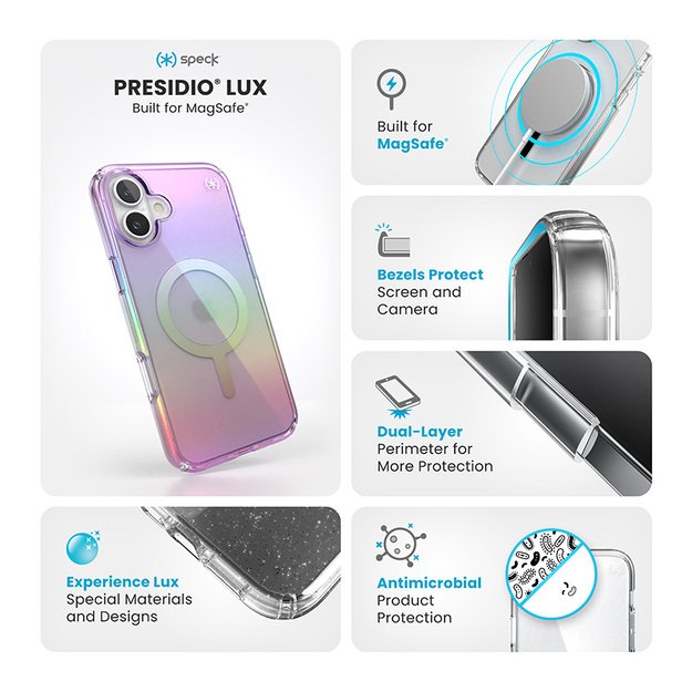 Speck Presidio2 Lux MagSafe – dėklas, skirtas iPhone 16 Plus (nuostabiai violetinė / skaidrus)