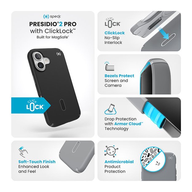 Speck Presidio2 Pro ClickLock & MagSafe – dėklas, skirtas iPhone 16 (juodas / šiferio pilkas / baltas)