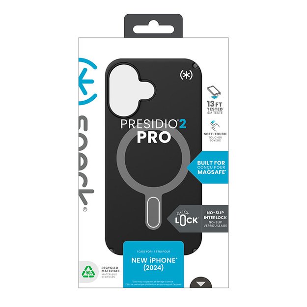 Speck Presidio2 Pro ClickLock & MagSafe – dėklas, skirtas iPhone 16 (juodas / šiferio pilkas / baltas)