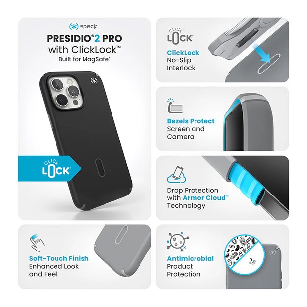 Speck Presidio2 Pro ClickLock & MagSafe – dėklas, skirtas iPhone 16 Pro Max (juodas / šiferio pilkas / baltas)