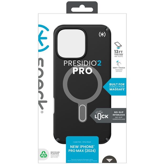 Speck Presidio2 Pro ClickLock & MagSafe – dėklas, skirtas iPhone 16 Pro Max (juodas / šiferio pilkas / baltas)