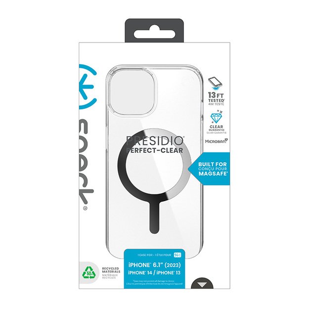 Speck Presidio Perfect-Clear MagSafe – dėklas, skirtas „iPhone 15“ / „iPhone 14“ / „iPhone 13“ (skaidrus / chromo apdaila / ramus sidabras) 12