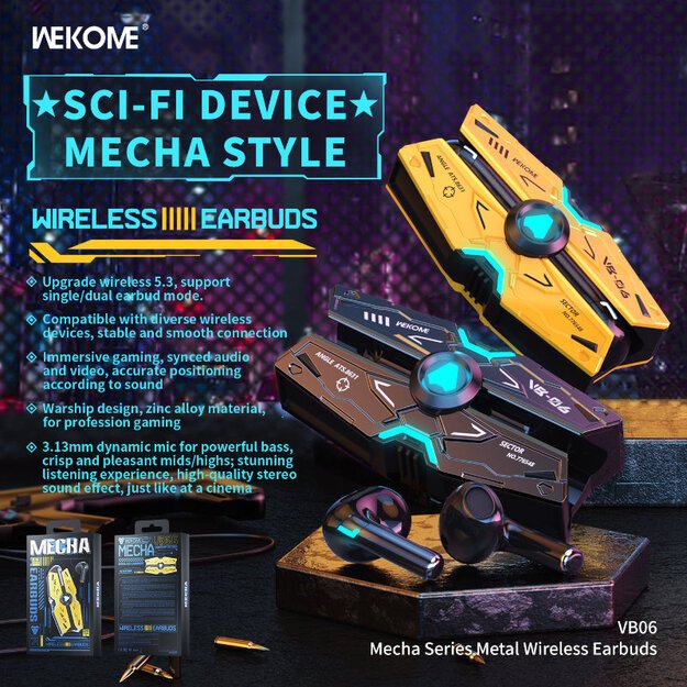 WEKOME VB06 Mecha serija – belaidės Bluetooth V5.3 TWS ausinės su įkrovimo dėklu (geltona) 12