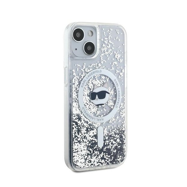 Karl Lagerfeld Liquid Glitter Choupette galvutė MagSafe – iPhone 15 Plus / 14 Plus dėklas (skaidrus)