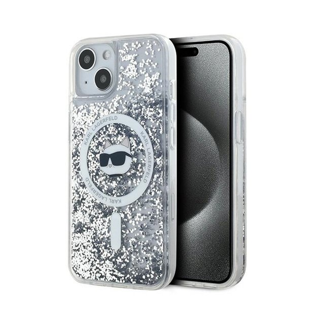 Karl Lagerfeld Liquid Glitter Choupette galvutė MagSafe – iPhone 15 Plus / 14 Plus dėklas (skaidrus)