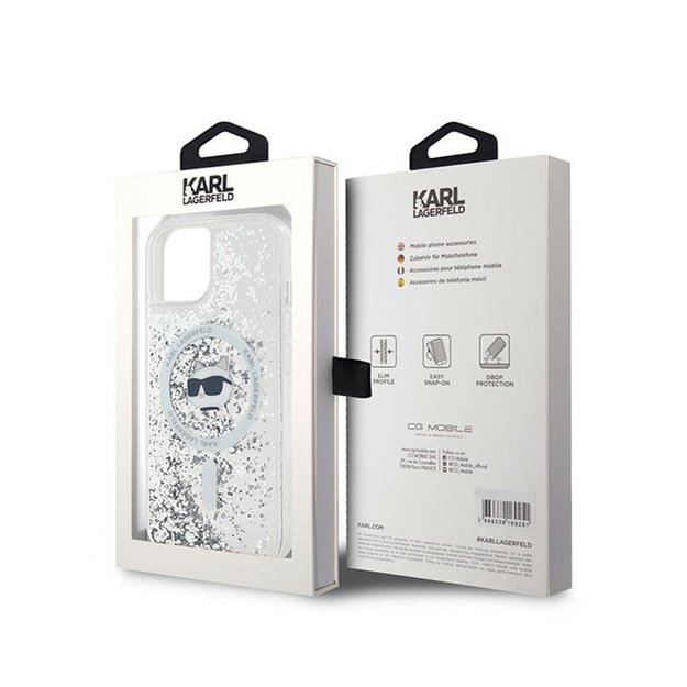 Karl Lagerfeld Liquid Glitter Choupette galvutė MagSafe – iPhone 15 Plus / 14 Plus dėklas (skaidrus)