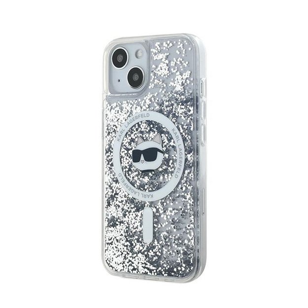 Karl Lagerfeld Liquid Glitter Choupette galvutė MagSafe – iPhone 15 Plus / 14 Plus dėklas (skaidrus)