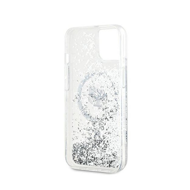 Karl Lagerfeld Liquid Glitter Choupette galvutė MagSafe – iPhone 15 Plus / 14 Plus dėklas (skaidrus)