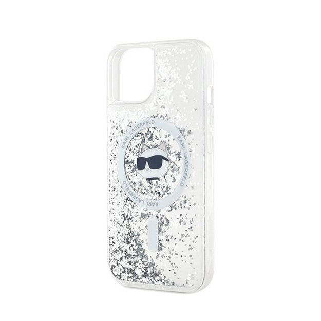 Karl Lagerfeld Liquid Glitter Choupette galvutė MagSafe – iPhone 15 Plus / 14 Plus dėklas (skaidrus)