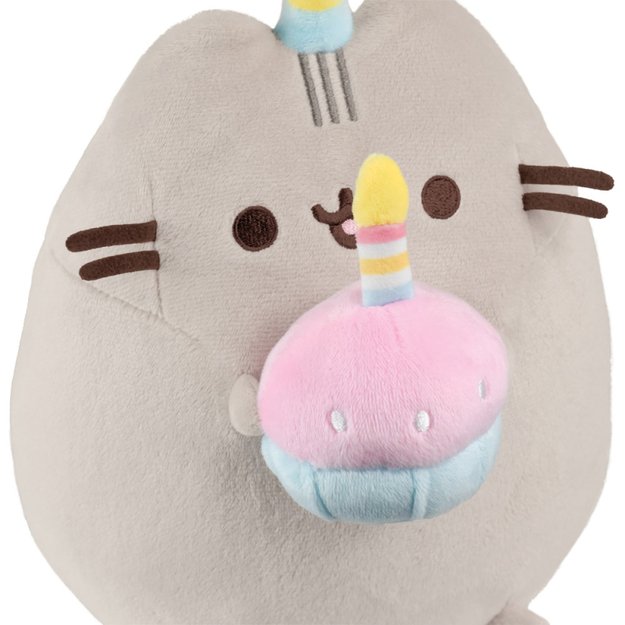 Pusheen - pliušinis talismanas su gimtadienio kepure ir tortu 24 cm 12