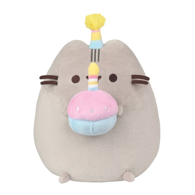 Pusheen - pliušinis talismanas su gimtadienio kepure ir tortu 24 cm 2