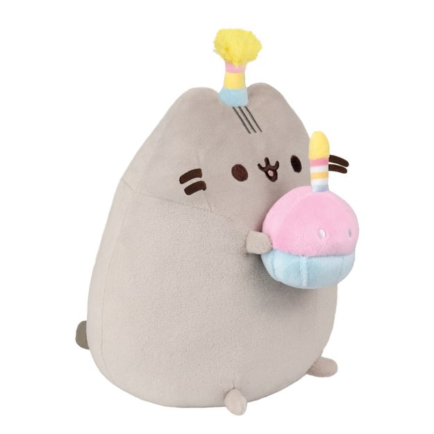 Pusheen - pliušinis talismanas su gimtadienio kepure ir tortu 24 cm 1