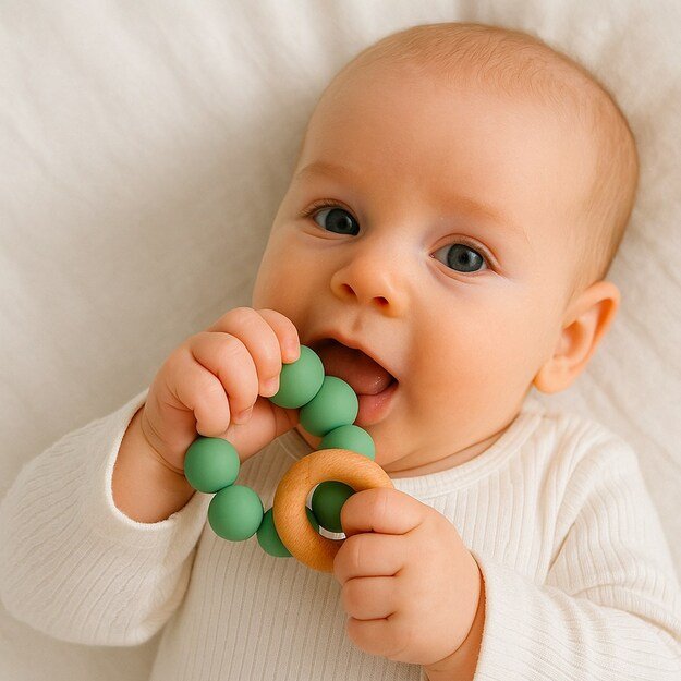 Kūdikių silikoninis dantukas su kamuoliukais New Baby pilka