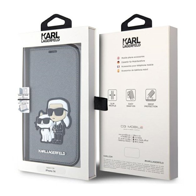 „Karl Lagerfeld Booktype NFT Saffiano Karl & Choupette“ dėklas, skirtas „iPhone 14“ (sidabrinis) 14