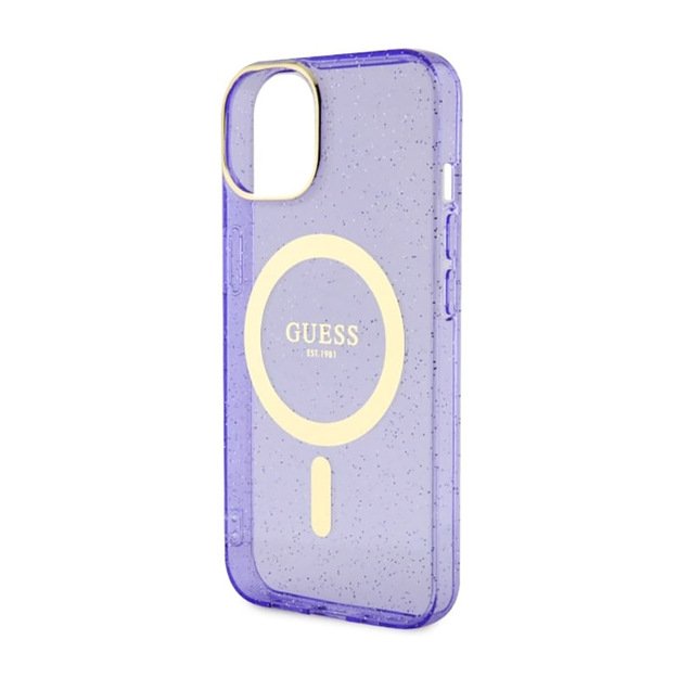 Guess Glitter Gold MagSafe – dėklas, skirtas iPhone 14 Plus (violetinė) 14