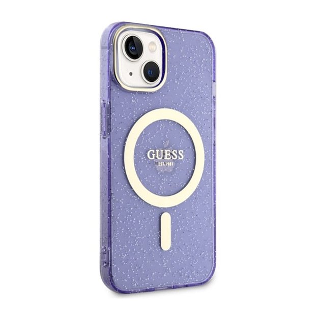 Guess Glitter Gold MagSafe – dėklas, skirtas iPhone 14 Plus (violetinė) 12