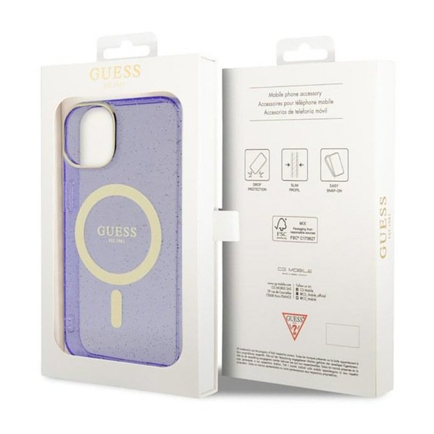 Guess Glitter Gold MagSafe – dėklas, skirtas iPhone 14 Plus (violetinė) 16