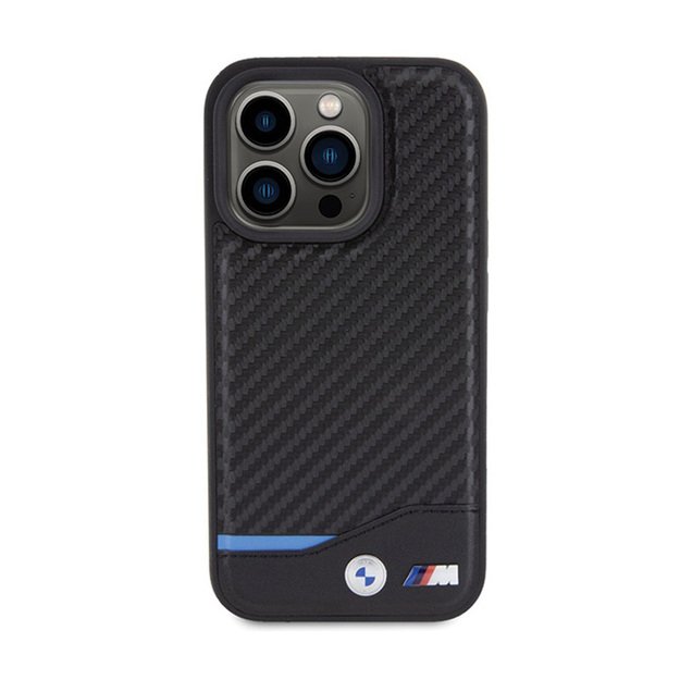 BMW Leather Carbon Blue Line – dėklas, skirtas iPhone 15 Pro (juodas)