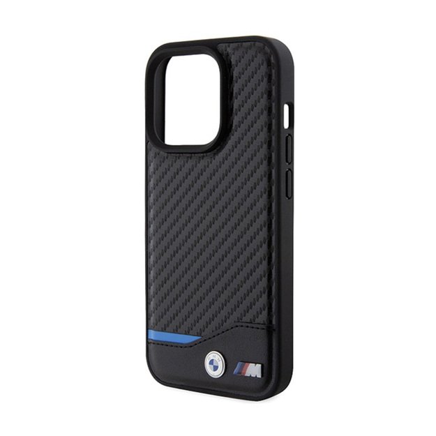 BMW Leather Carbon Blue Line – dėklas, skirtas iPhone 15 Pro (juodas)