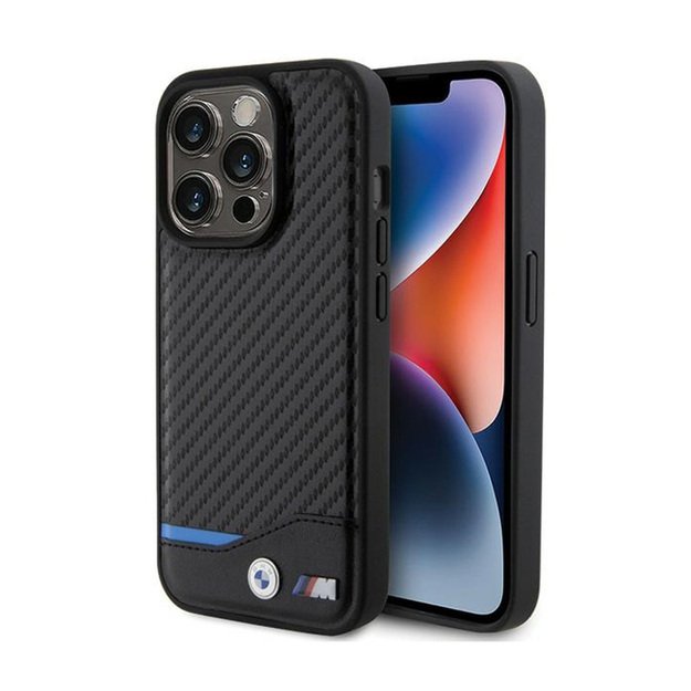 BMW Leather Carbon Blue Line – dėklas, skirtas iPhone 15 Pro (juodas)