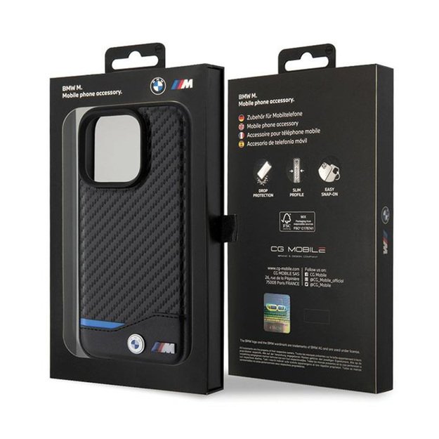 BMW Leather Carbon Blue Line – dėklas, skirtas iPhone 15 Pro (juodas) 16