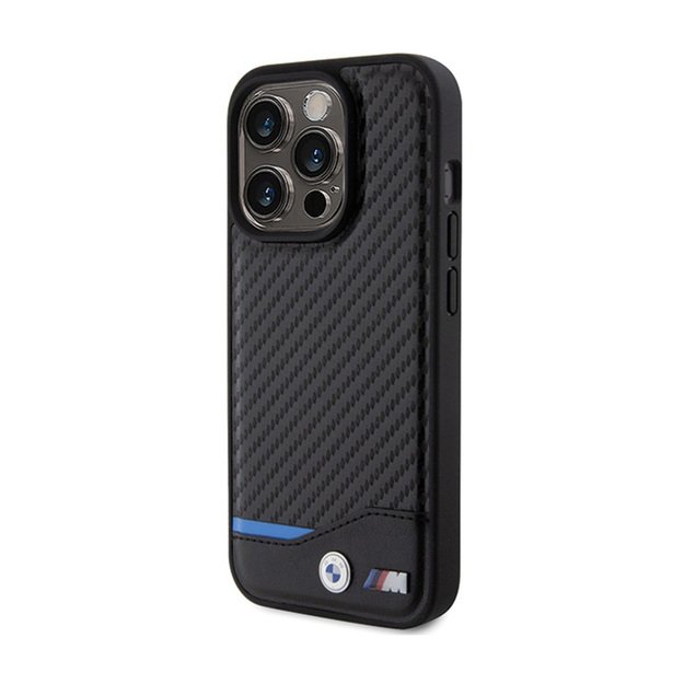 BMW Leather Carbon Blue Line – dėklas, skirtas iPhone 15 Pro (juodas) 10