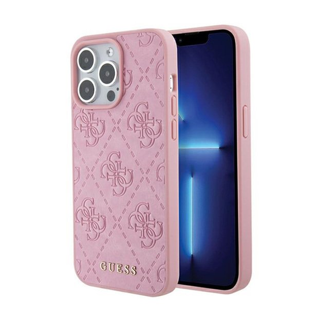 Guess Leather 4G štampuotas – iPhone 15 Pro Max dėklas (rožinis)
