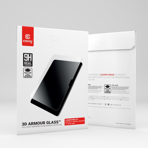 „Crong 3D Armour Glass“ – grūdintas stiklas, skirtas „iPad Air 11“ M3 (2025) / „iPad Air 11“ M2 (2024) / „iPad Pro 11“ (2022–2018)