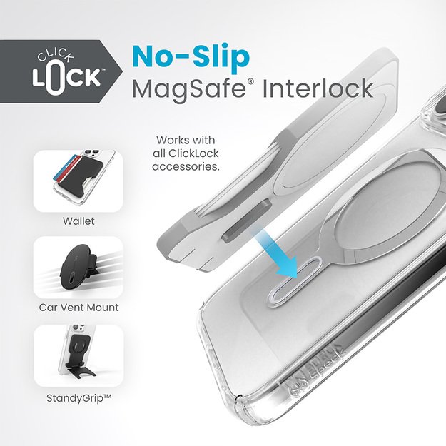 „Speck Presidio Perfect-Clear ClickLock & Magsafe“ dėklas, skirtas „iPhone 15 Pro Max“ (skaidrus / chromo apdaila / rami sidabrinė spalva)