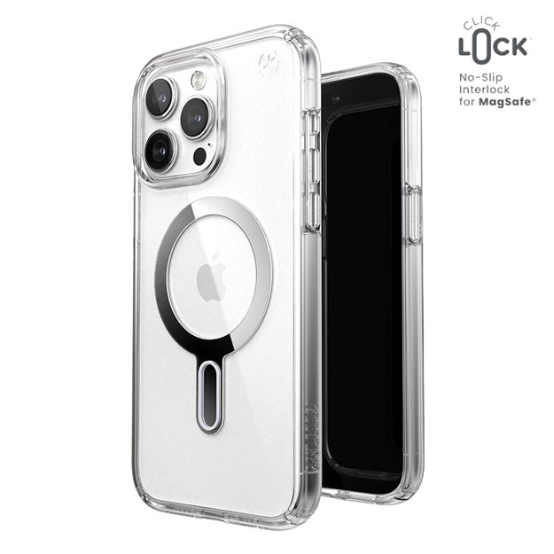 „Speck Presidio Perfect-Clear ClickLock & Magsafe“ dėklas, skirtas „iPhone 15 Pro Max“ (skaidrus / chromo apdaila / rami sidabrinė spalva)