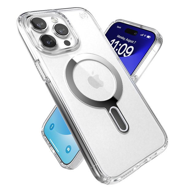 „Speck Presidio Perfect-Clear ClickLock & Magsafe“ dėklas, skirtas „iPhone 15 Pro Max“ (skaidrus / chromo apdaila / rami sidabrinė spalva)