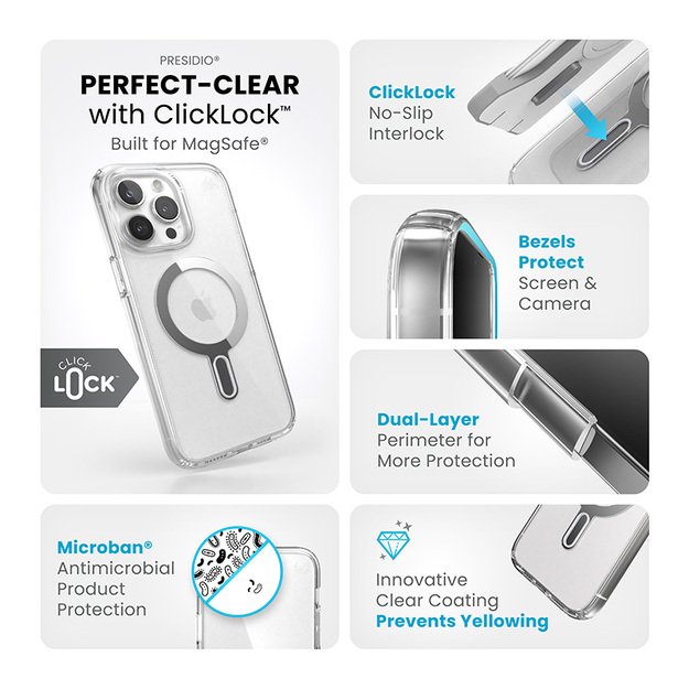 „Speck Presidio Perfect-Clear ClickLock & Magsafe“ dėklas, skirtas „iPhone 15 Pro Max“ (skaidrus / chromo apdaila / rami sidabrinė spalva)