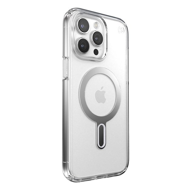 „Speck Presidio Perfect-Clear ClickLock & Magsafe“ dėklas, skirtas „iPhone 15 Pro Max“ (skaidrus / chromo apdaila / rami sidabrinė spalva)