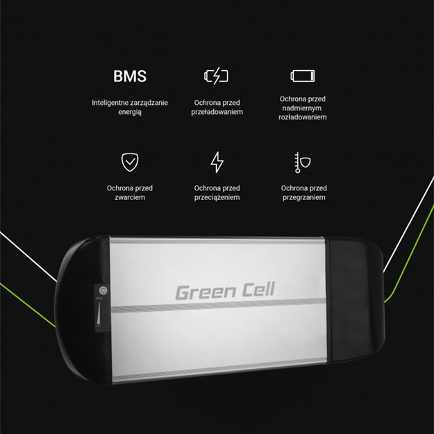 „Green Cell“ – elektrinio dviračio akumuliatorius su įkrovikliu, 36 V, 15 Ah, 540 Wh, ličio jonų, 5,5 x 2,1 mm