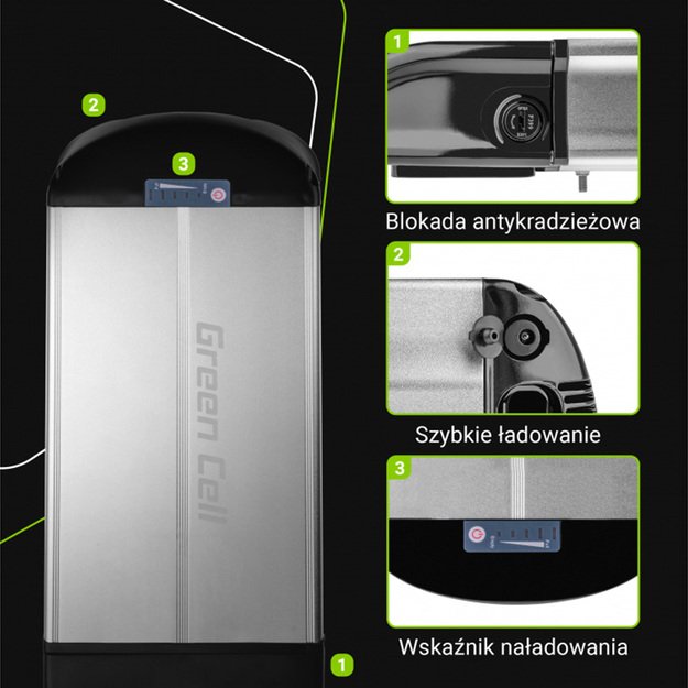 „Green Cell“ – elektrinio dviračio akumuliatorius su įkrovikliu, 36 V, 15 Ah, 540 Wh, ličio jonų, 5,5 x 2,1 mm