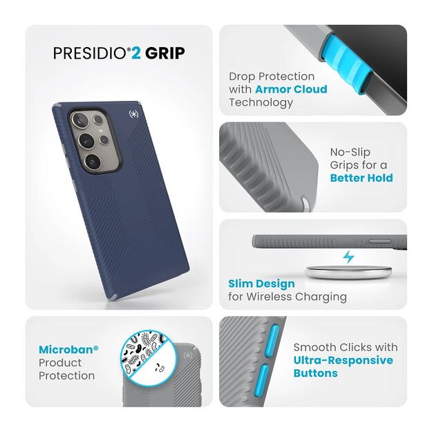 „Speck Presidio2 Grip“ – „Samsung Galaxy S24 Ultra“ dėklas (pakrantės mėlyna / dulkių pilka) 5