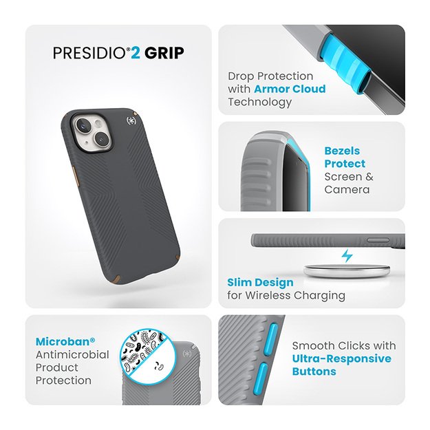 „Speck Presidio2 Grip“ dėklas, skirtas „iPhone 16e“ / „iPhone 15“ / „iPhone 14“ / „iPhone 13“ (mėlynai pilkas / šaltai bronzinis / baltas) 3