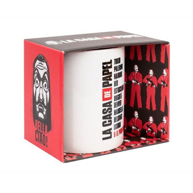 La Casa De Papel - Keraminis puodelis dovanų dėžutėje 330 ml (La Casa De Papel kaukė)