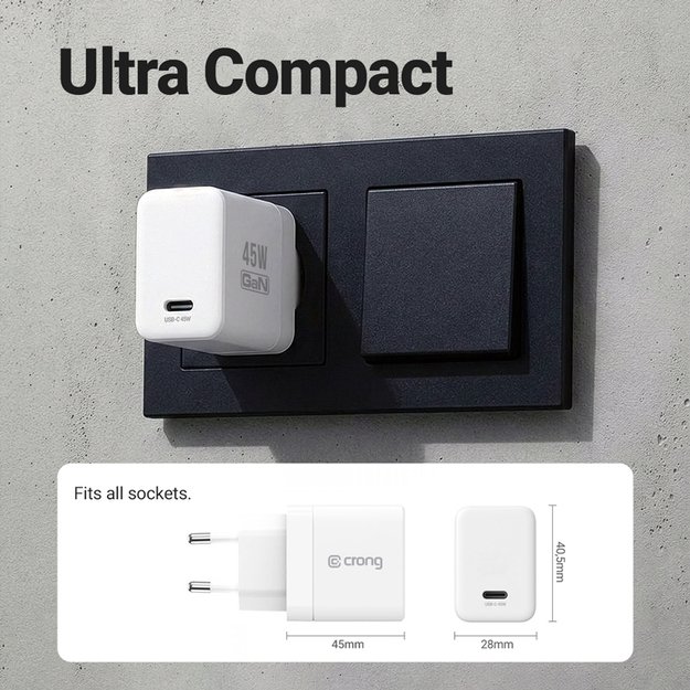„Crong Ultra Compact GaN“ – USB-C 45 W PD 3.0 sieninis įkroviklis su PPS (baltas) 7
