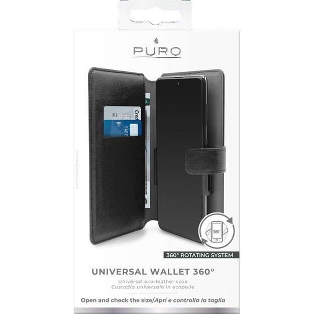 PURO Universal Wallet 360° - Universalus pasukamas maišelis su kortelių angomis, XXL dydis (juodas)