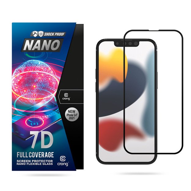 Crong 7D nano lankstus stiklas – pilnai dengianti hibridinė ekrano apsauga 9H iPhone 5.4 iPhone 13 mini 15