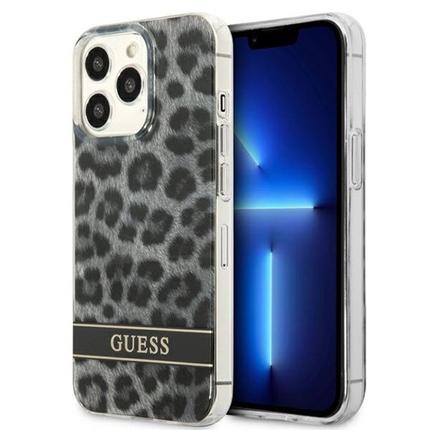 Guess Leopard Electro Stripe – dangtelis, skirtas iPhone 13 Pro (pilkas)