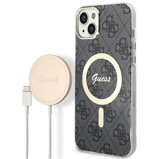 Guess Bundle Pack MagSafe 4G – iPhone 14 Plus dėklo rinkinys + MagSafe įkroviklis (juodas / auksinis)