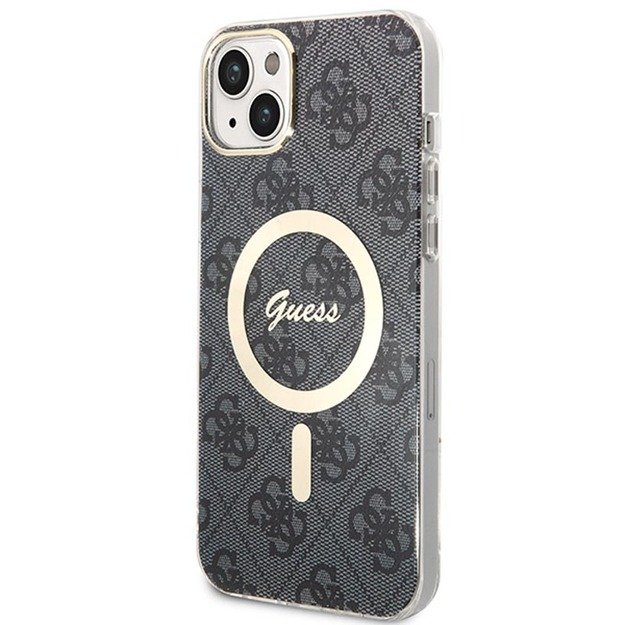 Guess Bundle Pack MagSafe 4G – iPhone 14 Plus dėklo rinkinys + MagSafe įkroviklis (juodas / auksinis)