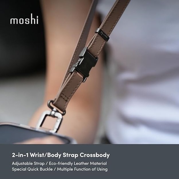 Moshi 2-in-1 Wrist & Body Strap with Adapter - Eco Leather Phone Lanyard (Misty Coral) 12