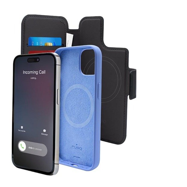 PURO Folio MagSafe dėklas – dėklas 2in1, skirtas iPhone 15 Plus / 14 Plus / 12 Pro Max (juodas) 10