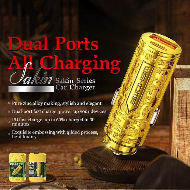 WEKOME WP-C37 Sakin serija – USB-C ir USB-A greito įkrovimo PD 20 W automobilinis įkroviklis (auksinis) 2