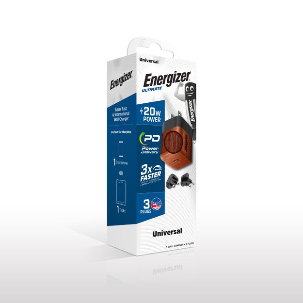 Energizer Ultimate – kelių kištukų ES / JK / JAV GaN 20 W PD tinklo įkroviklis (Walnut Burl)