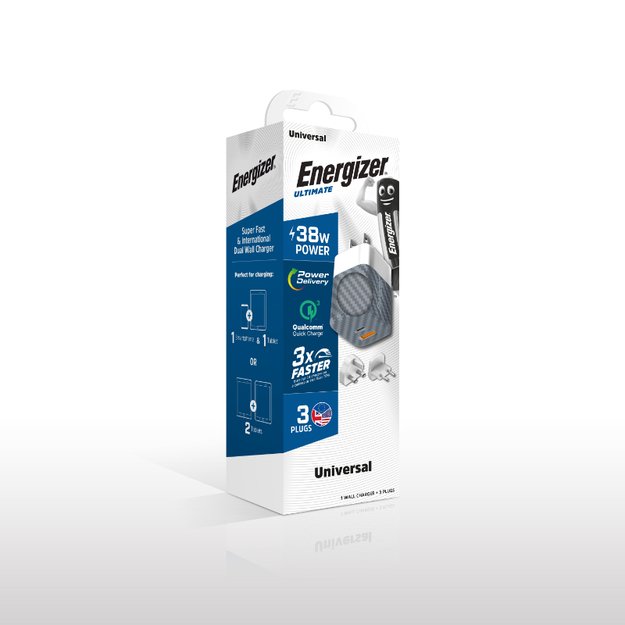 Energizer Ultimate – kelių kištukų ES / JK / JAV maitinimo įkroviklis GaN 38W PD + QC3.0 (sidabras)