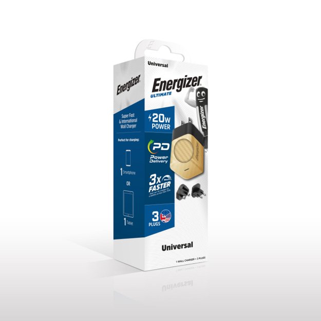 Energizer Ultimate – kelių kištukų EU / JK / JAV GaN 20 W PD tinklo įkroviklis (auksinis)